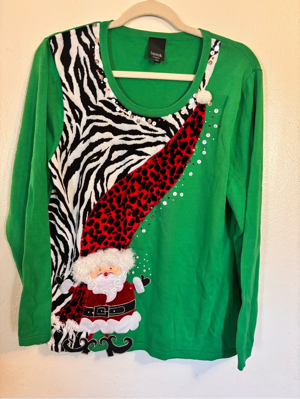 berek Green Long Sleeve Santa Top with Red & Black Accents